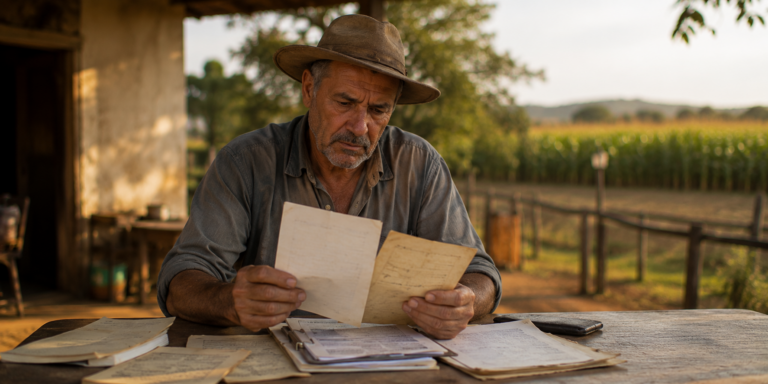 Trabalhador do campo avaliando documentos necessários para obtenção da aposentadoria rural.