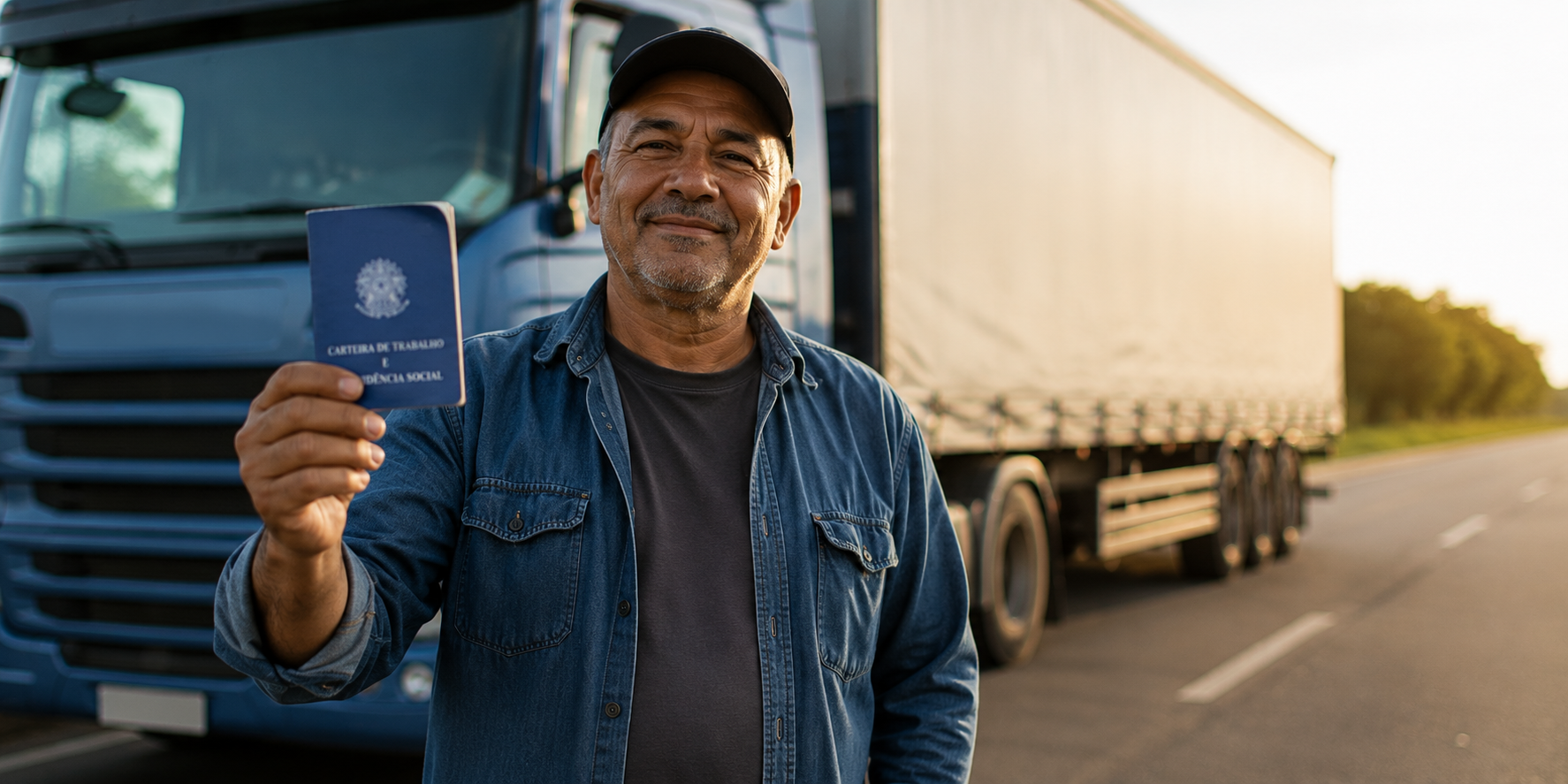 Motorista profissional em frente a caminhão ilustrando aposentadoria especial para trabalhadores do transporte rodoviário.