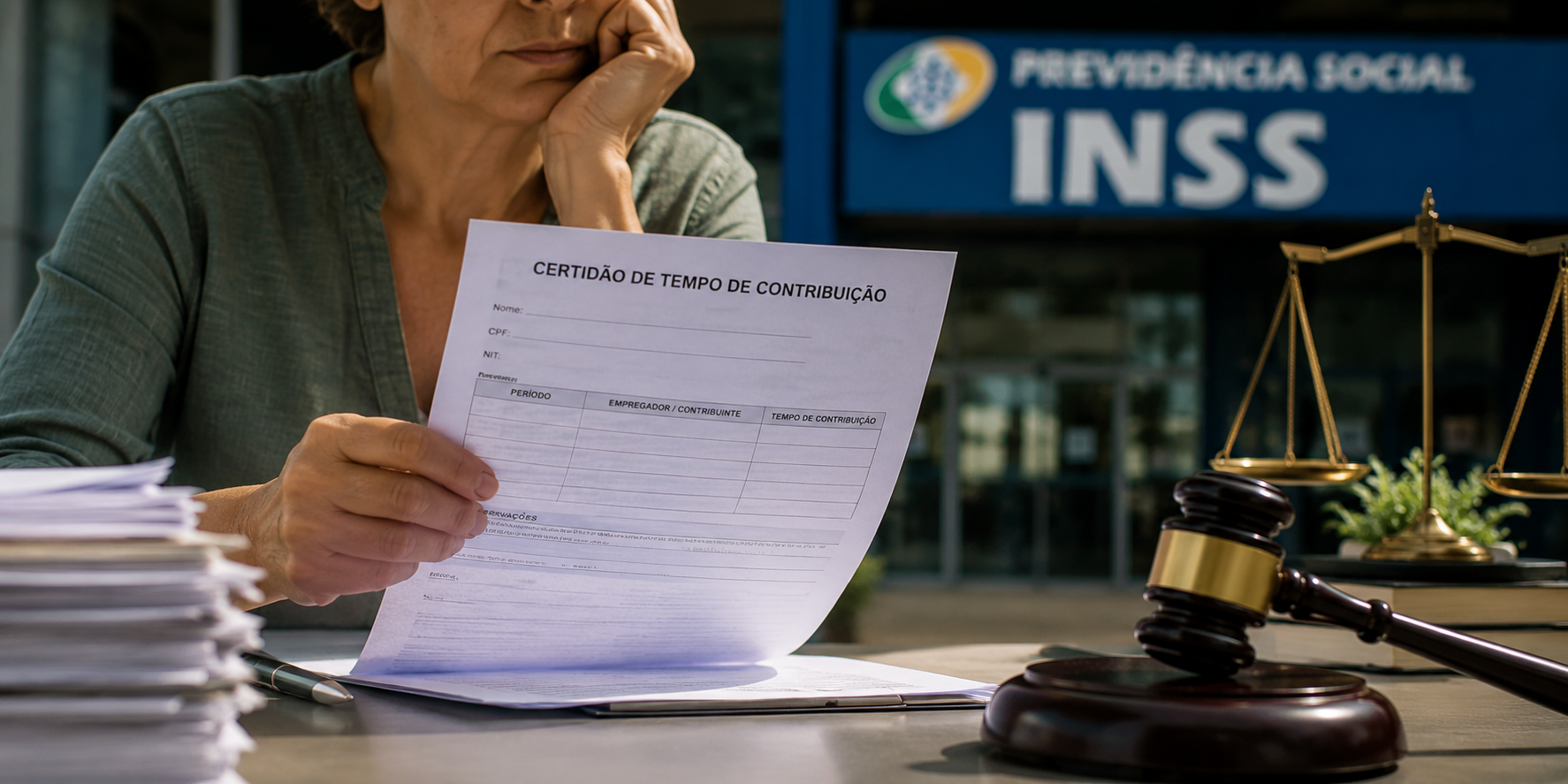 Segurada conferindo Certidão de Tempo de Contribuição relacionada a pedido previdenciário.