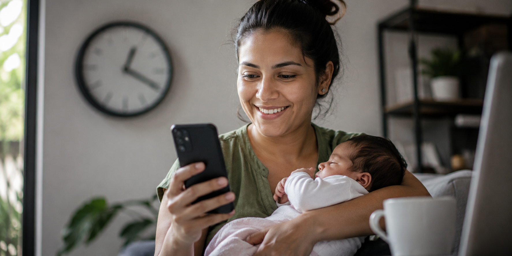 Mãe segurando bebê enquanto acompanha análise do pedido de salário-maternidade.
