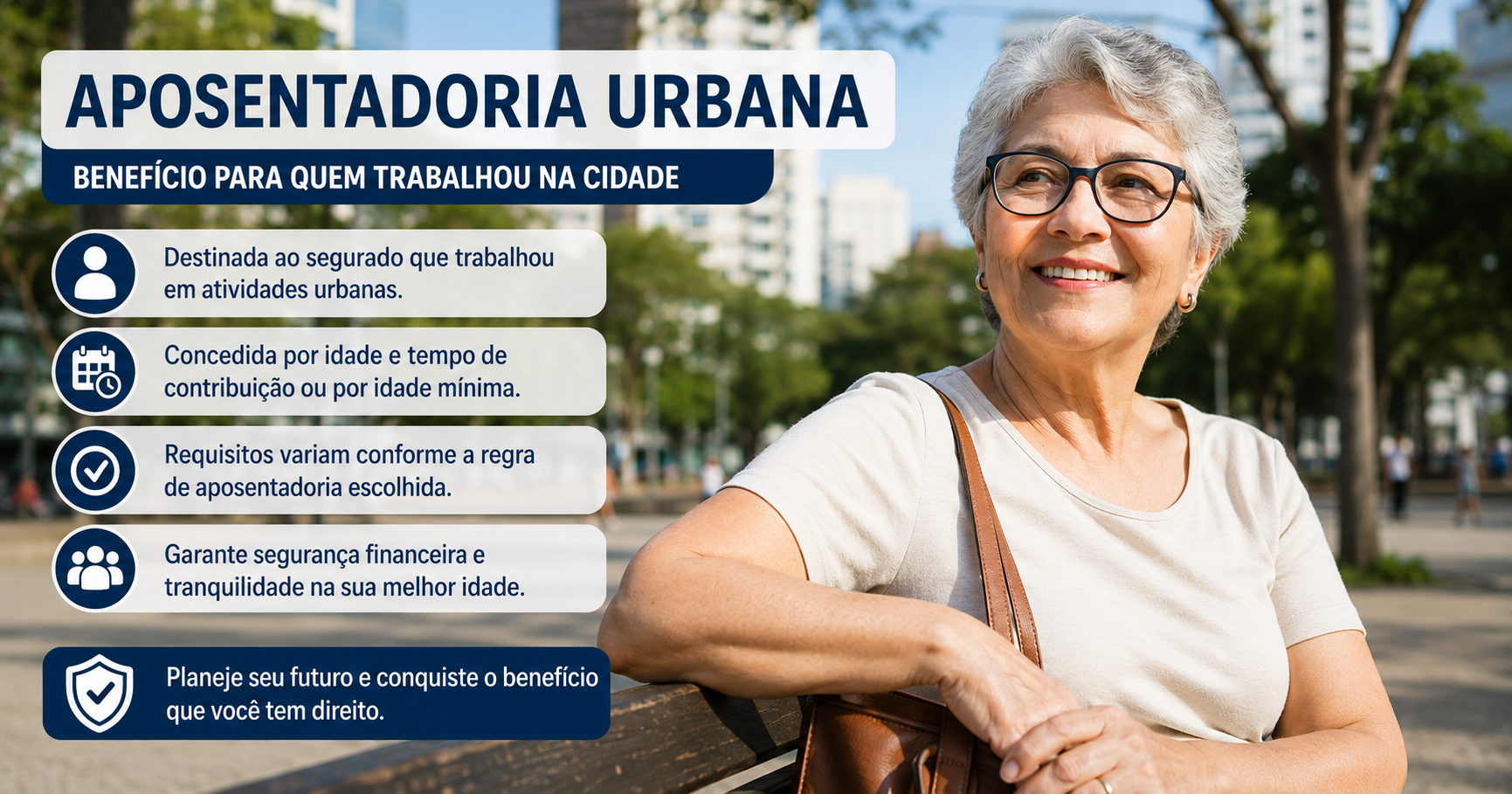 Mulher aposentada em área urbana ilustrando a aposentadoria urbana do INSS.