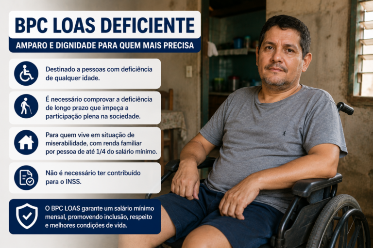 Infográfico sobre o BPC LOAS para pessoa com deficiência, mostrando pessoa com deficiência em ambiente simples e informações sobre o benefício assistencial destinado a quem vive em situação de vulnerabilidade social.