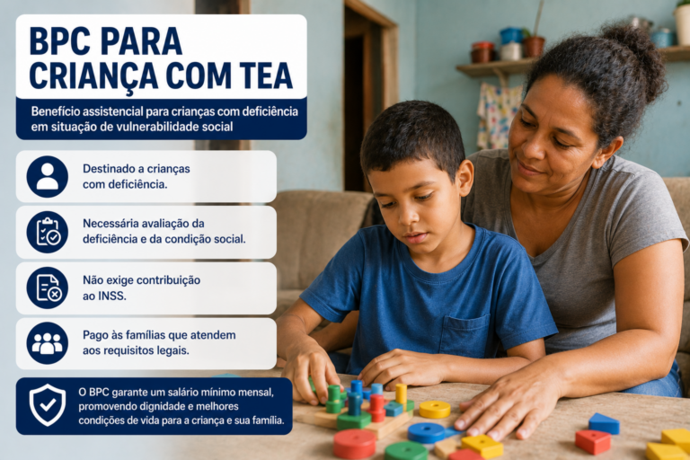 Infográfico sobre o BPC para criança com TEA, mostrando criança com transtorno do espectro autista acompanhada da mãe em ambiente simples e informações sobre o benefício assistencial destinado a famílias em situação de vulnerabilidade social.