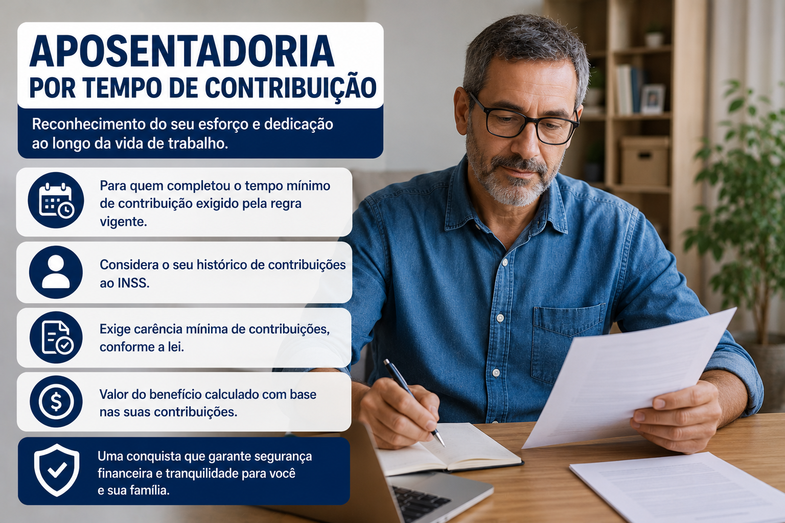 Infográfico sobre aposentadoria por tempo de contribuição, mostrando trabalhador analisando documentos previdenciários e informações sobre o benefício baseado no histórico de contribuições ao INSS.