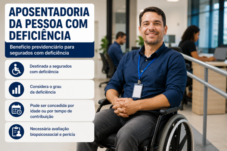 Infográfico sobre aposentadoria da pessoa com deficiência, mostrando trabalhador em cadeira de rodas em ambiente profissional acessível e informações sobre o benefício previdenciário destinado a segurados com deficiência.