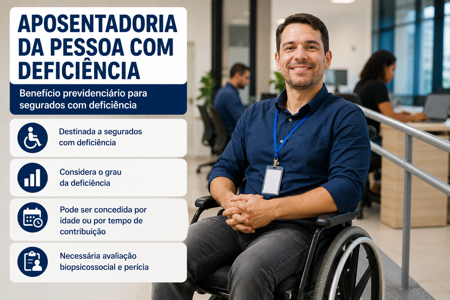 Infográfico sobre aposentadoria da pessoa com deficiência, mostrando trabalhador em cadeira de rodas em ambiente profissional acessível e informações sobre o benefício previdenciário destinado a segurados com deficiência.