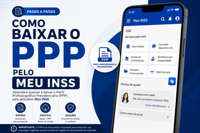 Infográfico sobre como acessar e baixar o Perfil Profissiográfico Previdenciário (PPP) pelo Meu INSS.