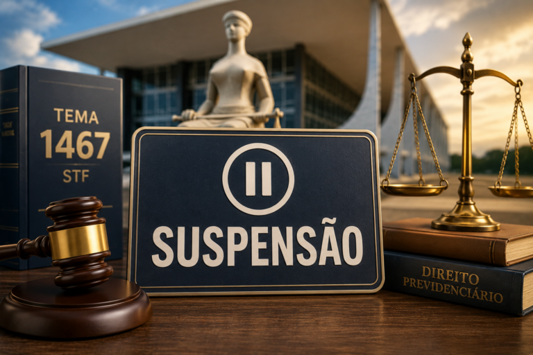Imagem conceitual sobre suspensão de processos previdenciários até o julgamento do Tema 1467, que trata do cômputo de contribuições abaixo do salário mínimo como carência, do STF, com símbolos da Justiça, calendário e elementos do Poder Judiciário.