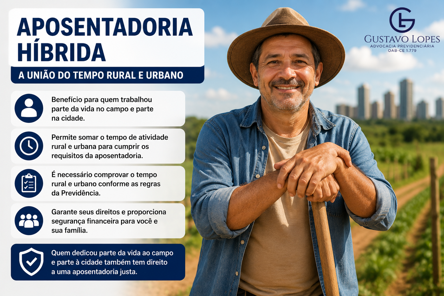 Infográfico sobre aposentadoria híbrida com trabalhador representando a soma do tempo de atividade rural e urbana para obtenção do benefício previdenciário.