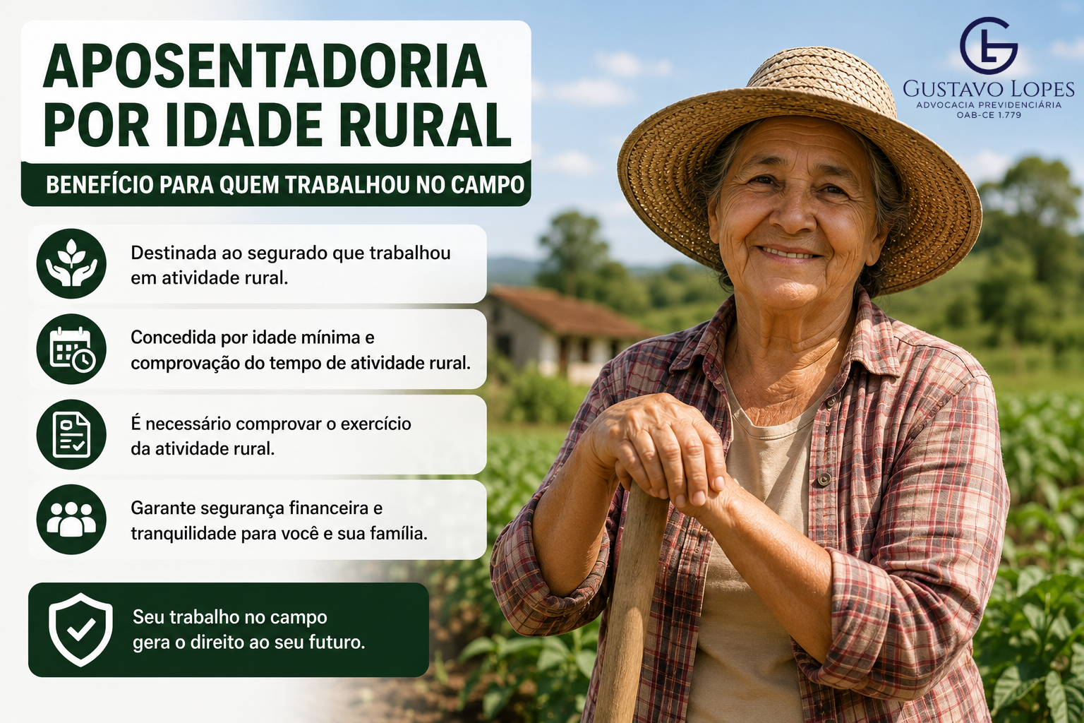 Infográfico sobre aposentadoria por idade rural com trabalhadora rural em lavoura representando o benefício previdenciário destinado aos segurados especiais.
