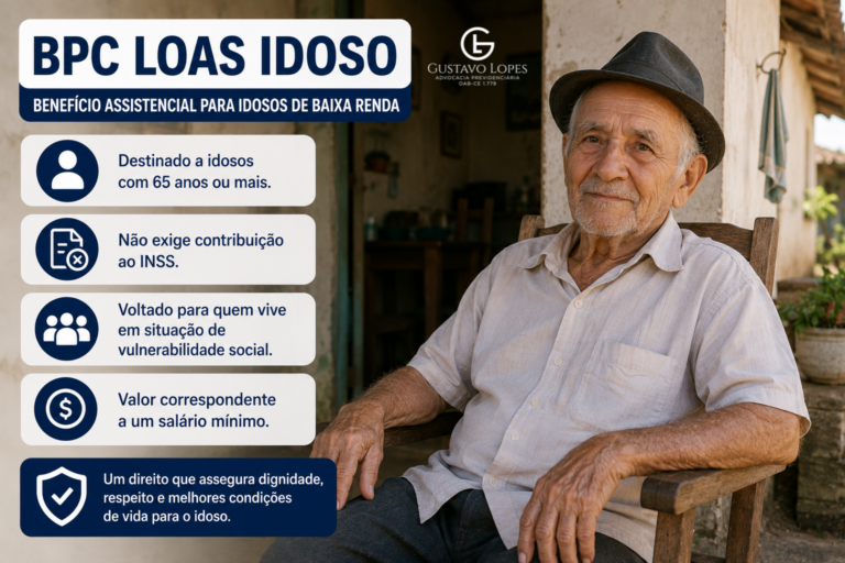 Infográfico sobre o BPC LOAS para idosos, mostrando idoso de baixa renda em ambiente simples e informações sobre o benefício assistencial destinado a pessoas com 65 anos ou mais em situação de vulnerabilidade social.