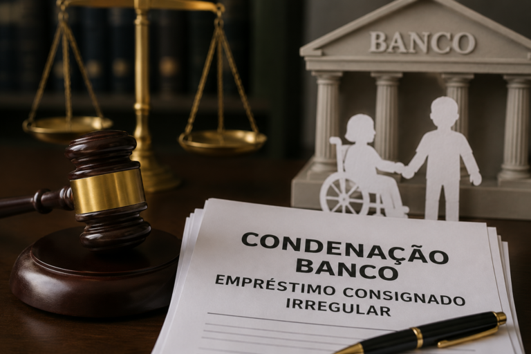 Imagem conceitual sobre condenação de banco por empréstimo consignado irregular em benefício de criança com deficiência, com martelo da Justiça, símbolo bancário e elementos que representam proteção de pessoas vulneráveis.