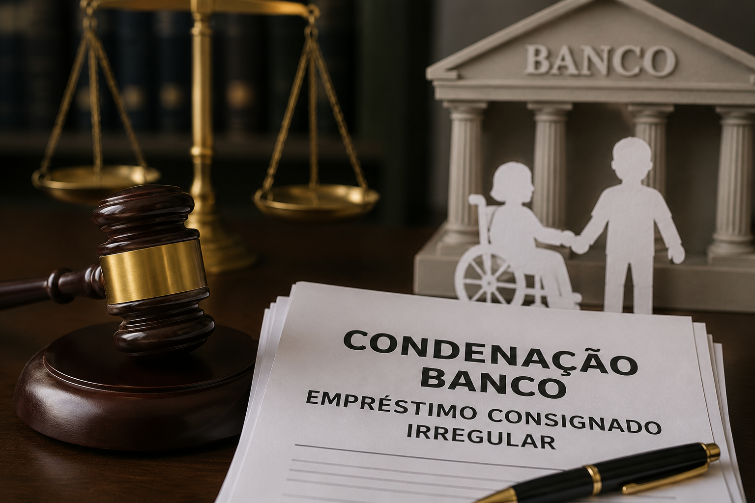 Imagem conceitual sobre condenação de banco por empréstimo consignado irregular em benefício de criança com deficiência, com martelo da Justiça, símbolo bancário e elementos que representam proteção de pessoas vulneráveis.
