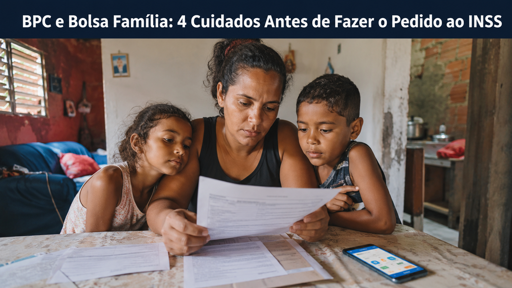 Mãe com duas crianças analisa documentos do INSS e do Cadastro Único em casa, ao lado de um celular, ilustrando cuidados antes de solicitar o BPC. Título: