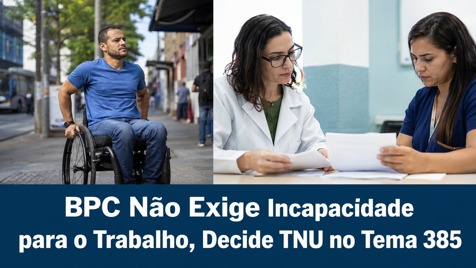 Imagem ilustrativa sobre o BPC: homem com deficiência física em atividade cotidiana e profissionais realizando avaliação biopsicossocial, representando que o Benefício de Prestação Continuada não exige incapacidade para o trabalho, conforme o Tema 385 da TNU.
