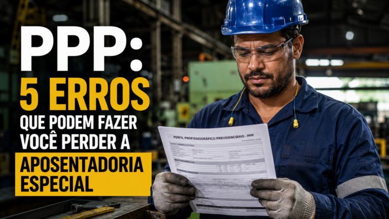 Trabalhador usando equipamentos de proteção em ambiente industrial enquanto analisa o Perfil Profissiográfico Previdenciário (PPP), ilustrando os principais erros que podem comprometer o reconhecimento da aposentadoria especial.