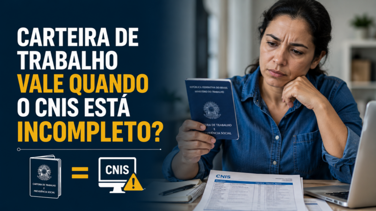 Imagem ilustrativa sobre Carteira de Trabalho e CNIS, mostrando uma trabalhadora conferindo sua Carteira de Trabalho e o extrato do CNIS para verificar vínculos e contribuições utilizados na análise da aposentadoria quando o CNIS está incompleto.
