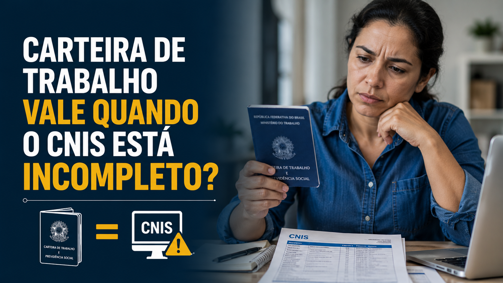 Imagem ilustrativa sobre Carteira de Trabalho e CNIS, mostrando uma trabalhadora conferindo sua Carteira de Trabalho e o extrato do CNIS para verificar vínculos e contribuições utilizados na análise da aposentadoria quando o CNIS está incompleto.