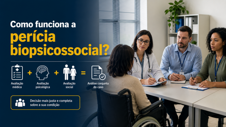 Imagem ilustrativa sobre a perícia biopsicossocial do INSS, mostrando equipe multidisciplinar avaliando uma pessoa com deficiência para análise do BPC, considerando aspectos médicos, funcionais e sociais além do diagnóstico.