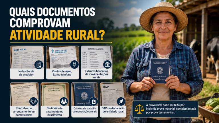 Produtora rural segurando a Carteira de Trabalho em propriedade agrícola, ao lado de documentos utilizados para comprovar atividade rural, como notas fiscais, contratos e declarações, para fins de aposentadoria e benefícios do INSS.