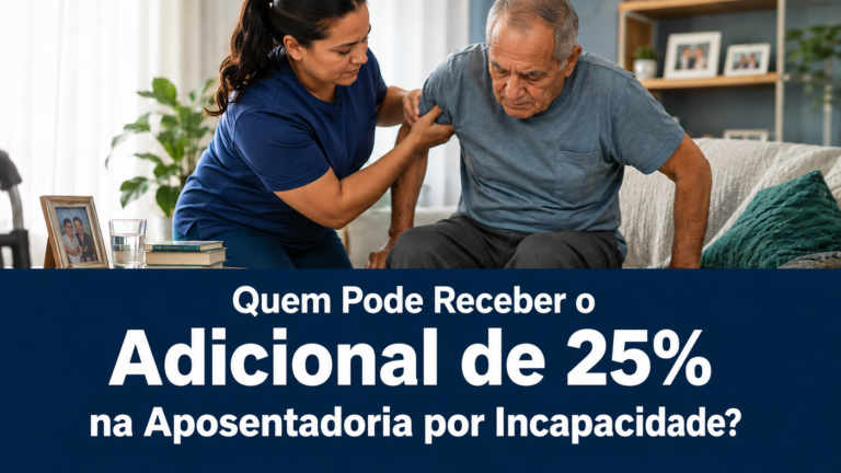 Cuidadora auxilia um homem idoso com dificuldade de mobilidade a se levantar do sofá em uma sala de estar iluminada pela luz natural. A cena representa a necessidade de assistência permanente nas atividades do dia a dia. Na parte inferior da imagem, aparece o título: 