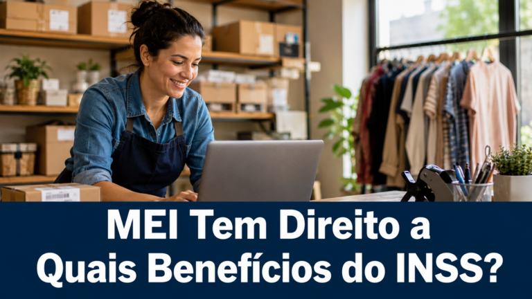 Microempreendedora Individual (MEI) trabalha em seu pequeno negócio utilizando um notebook, cercada por caixas de produtos e roupas organizadas para venda. O ambiente representa o empreendedorismo de pequeno porte e a rotina do trabalhador autônomo. Na parte inferior da imagem aparece o título: 