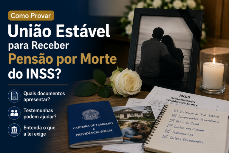 Fotografia editorial mostrando um memorial com uma moldura contendo a foto de um casal, adornada por uma fita preta de luto, ao lado de uma rosa branca, uma vela acesa e documentos relacionados ao pedido de pensão por morte do INSS. A composição simboliza o falecimento de um dos companheiros e a necessidade de comprovar a união estável para requerer o benefício previdenciário. Na lateral esquerda, o título destaca: 