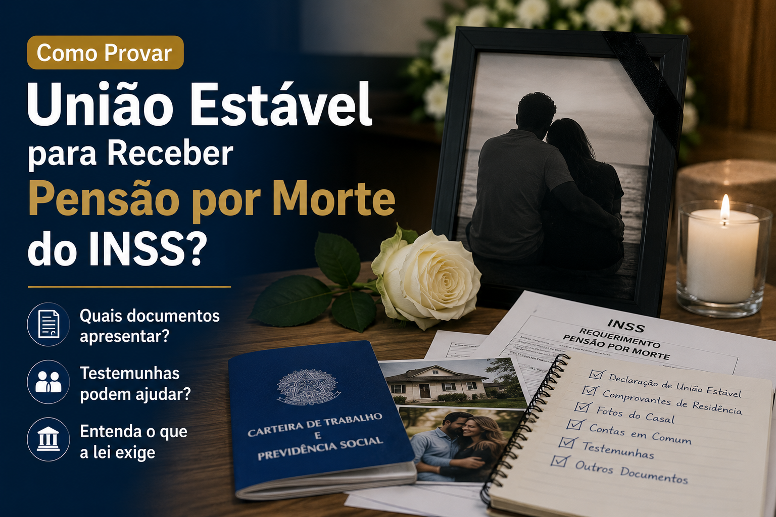 Fotografia editorial mostrando um memorial com uma moldura contendo a foto de um casal, adornada por uma fita preta de luto, ao lado de uma rosa branca, uma vela acesa e documentos relacionados ao pedido de pensão por morte do INSS. A composição simboliza o falecimento de um dos companheiros e a necessidade de comprovar a união estável para requerer o benefício previdenciário. Na lateral esquerda, o título destaca: 