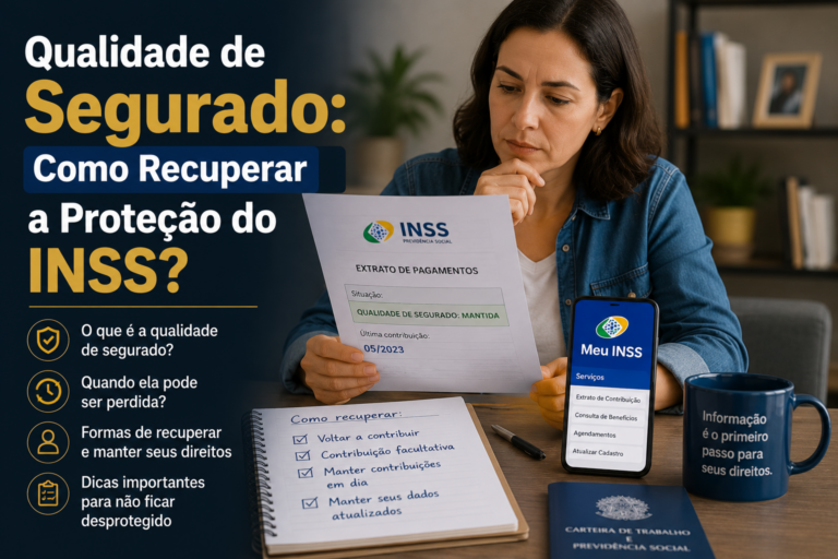 Mulher analisa um documento da Previdência Social em uma mesa de trabalho, enquanto ao lado há um celular com o aplicativo Meu INSS aberto, um caderno com anotações sobre como recuperar a qualidade de segurado, uma Carteira de Trabalho e uma caneca. À esquerda, o título em destaque diz: 