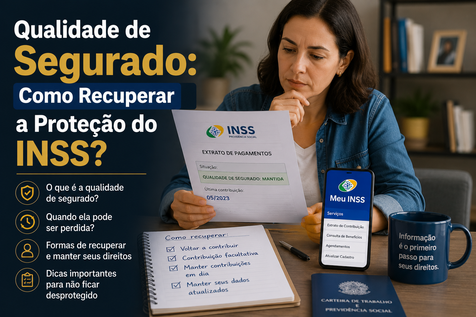 Mulher analisa um documento da Previdência Social em uma mesa de trabalho, enquanto ao lado há um celular com o aplicativo Meu INSS aberto, um caderno com anotações sobre como recuperar a qualidade de segurado, uma Carteira de Trabalho e uma caneca. À esquerda, o título em destaque diz: 