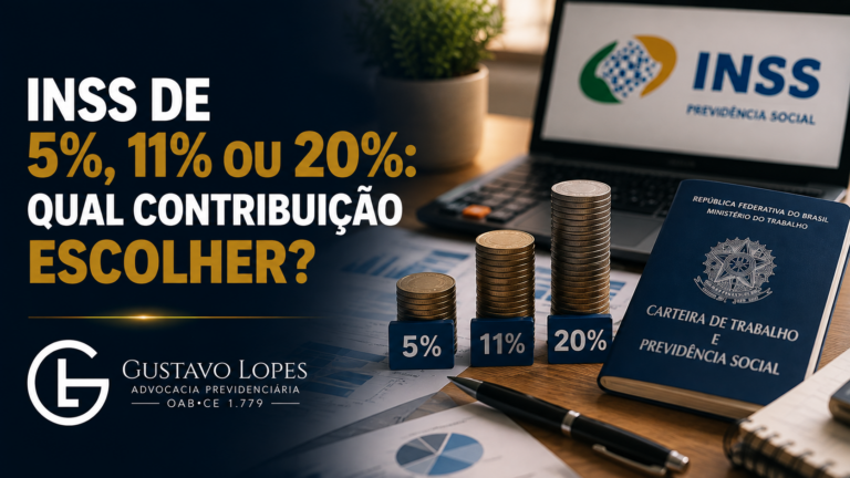 Arte informativa sobre contribuição ao INSS, destacando as alíquotas de 5%, 11% e 20% e a pergunta “Qual contribuição escolher?”. A imagem apresenta moedas representando as diferentes alíquotas, carteira de trabalho e elementos relacionados ao planejamento previdenciário.