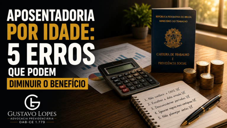 Aposentadoria por idade: 5 erros que podem diminuir o valor do benefício do INSS, com carteira de trabalho, calculadora, moedas e documentos de planejamento previdenciário.