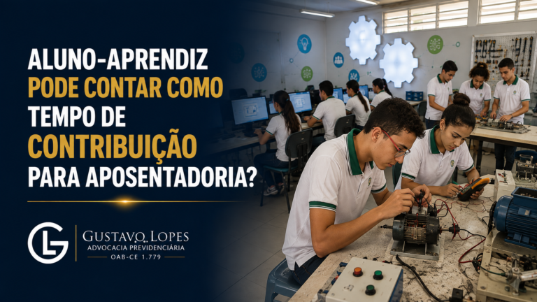 Alunos em escola técnica realizando atividades práticas em laboratório, com computadores e equipamentos, ao lado da pergunta: “Aluno-aprendiz pode contar como tempo de contribuição para aposentadoria?”.